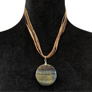 Natural Stone Pendant Necklace Brown Falcon Eye Adjustable Length